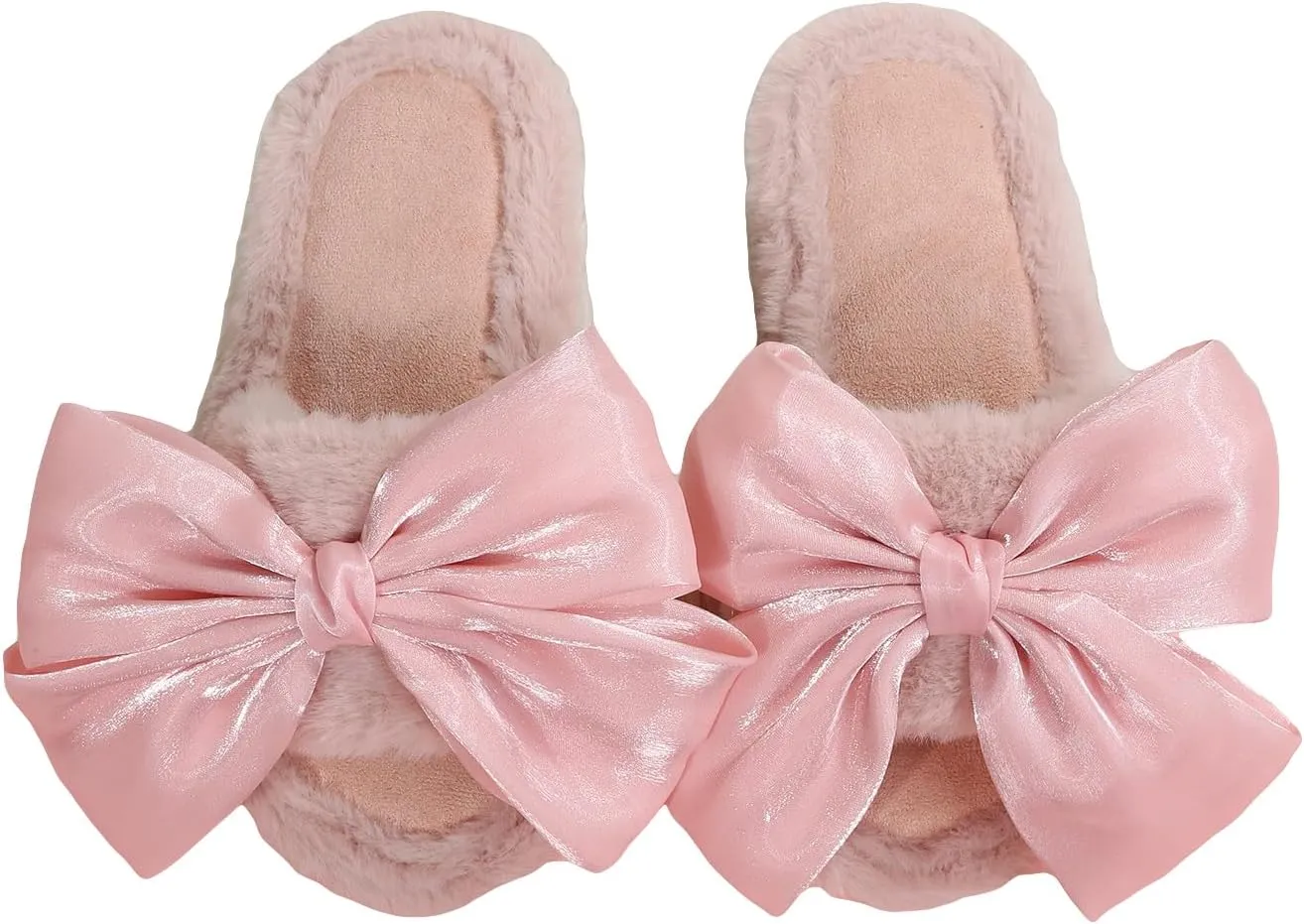 OYOANGLE Women's Cute Bow Decor Solid Slippers Fashion Home Slippers Open Toe Furry Bedroom Slipper