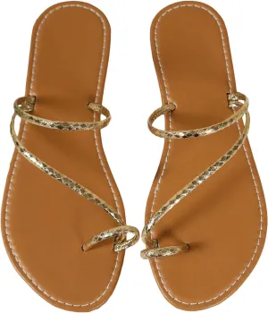 OYOANGLE Women's Open Toe Strappy Flat Sandals Toe Ring Thin Straps Thong Sandals Lightweight Leather Slides
