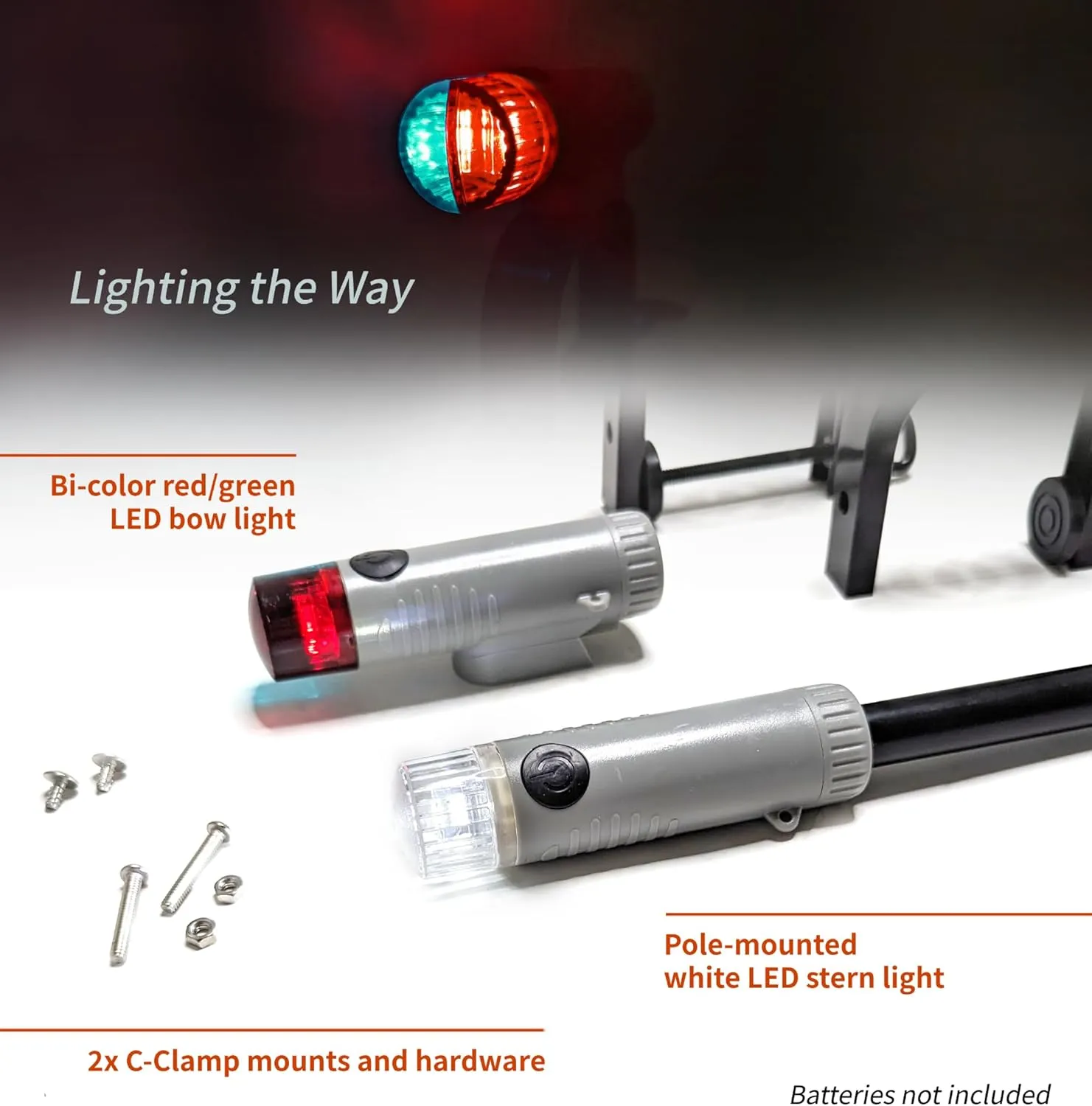 Pactrade Marine Battery Navigation Lights for Boats LED - Portable Red/Green Bow and White Stern Combo Light Kit (Clamp Mounts) - Kayak Fishing Accessories, Jon Boat Accessories Marine