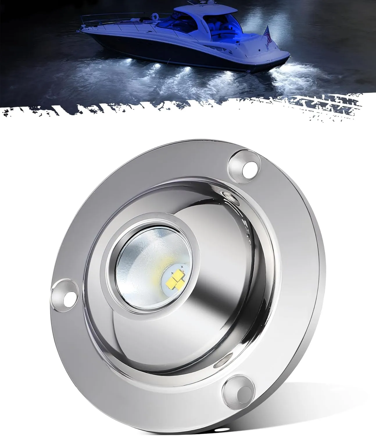 Partsam 1Pcs High-intensity White LED Underwater Light for Marine Boat Yacht Sailboat Pontoons, Submersible Pool Lights, IP68 Waterproof, Stainess Steel Housing, Glass Lens, Surface Mount,10V-30V