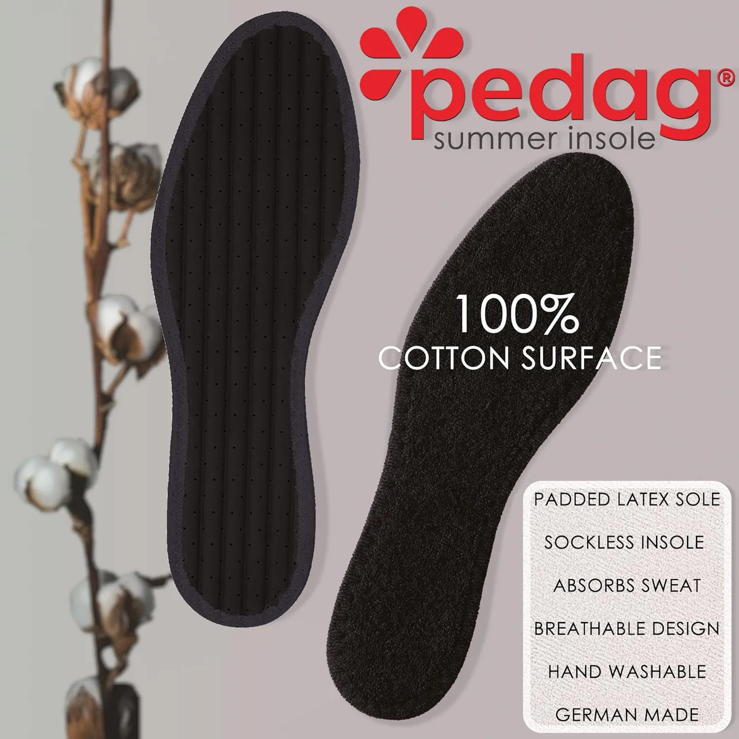 Pedag Summer | Terry Cotton Sockless Insoles | Barefoot Inserts | Handmade in Germany | Absorbs Sweat & Controls Odor | Wear Without Socks | Washable | US Women 11/ Men 8/ EU 41 | Black | 3 Pair