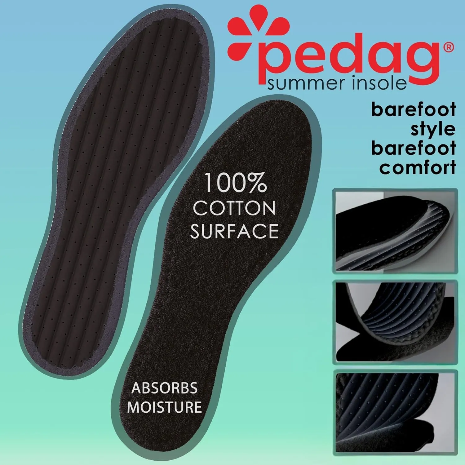 Pedag Summer | Terry Cotton Sockless Insoles | Barefoot Inserts | Handmade in Germany | Absorbs Sweat & Controls Odor | Wear Without Socks | Washable | US Women 11/ Men 8/ EU 41 | Black | 3 Pair