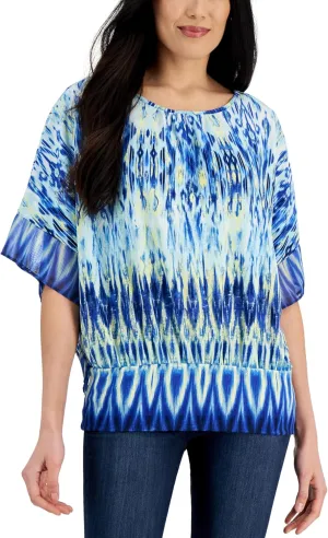 Petite Ikat-Print Jacquard Blouson Top Deep Cobalt Combo PM