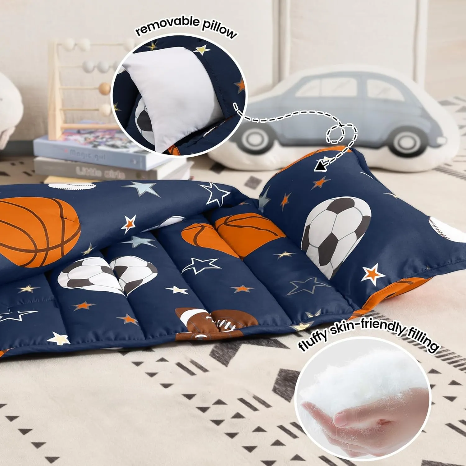 PHF Ball Toddler Nap Mat Set, with Removable Pillow for Toddler Boys, Soft and Lightweight for Daycare, Preschool, Travel, Kindergarten Sleeping Bag, Fits Ages 3-6 Years, Ball