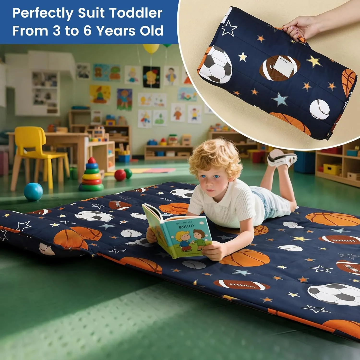 PHF Ball Toddler Nap Mat Set, with Removable Pillow for Toddler Boys, Soft and Lightweight for Daycare, Preschool, Travel, Kindergarten Sleeping Bag, Fits Ages 3-6 Years, Ball