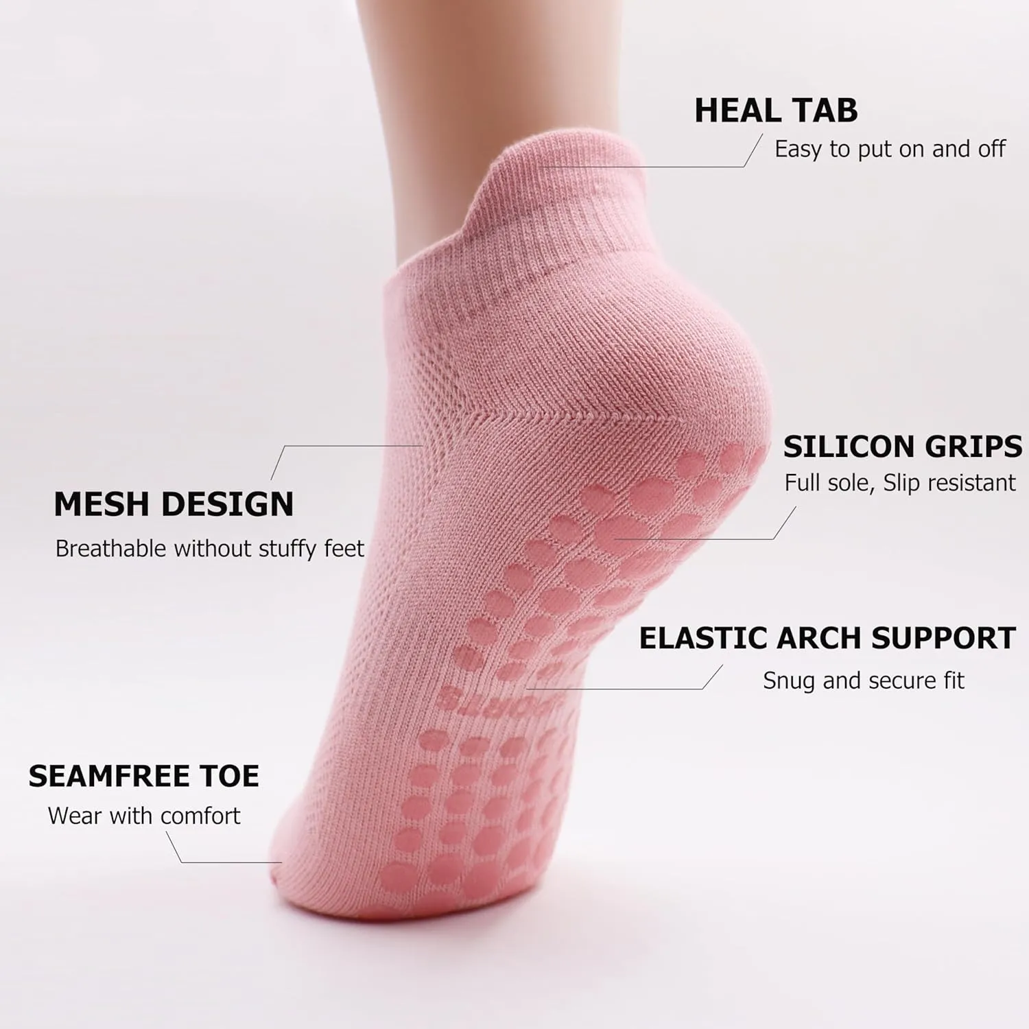 Pilates Socks with Grips for Women, Non Slip Yoga Socks, Anti Skid Socks for Yoga Pilates Gym Sports 4 Pairs