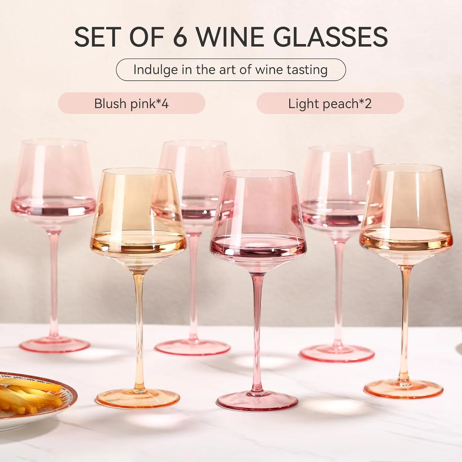 Pink wine glasses set-Pink Colored Wine Glasses Set of 6 -light peach wine glasses Gifts for Women Hand-Blown colored Glasses-Bachelorette, Party, Celebration, Birthday