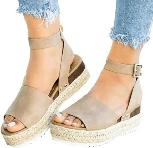 Platform Sandals for Women Dressy Summer Flat Open Toe Ankle Strap Espadrilles Flatform Platform Wedge Sandals Women Fashion Summer Strappy Sandals Comfortable Walking Sandals Casual (a-Khaki, 10)