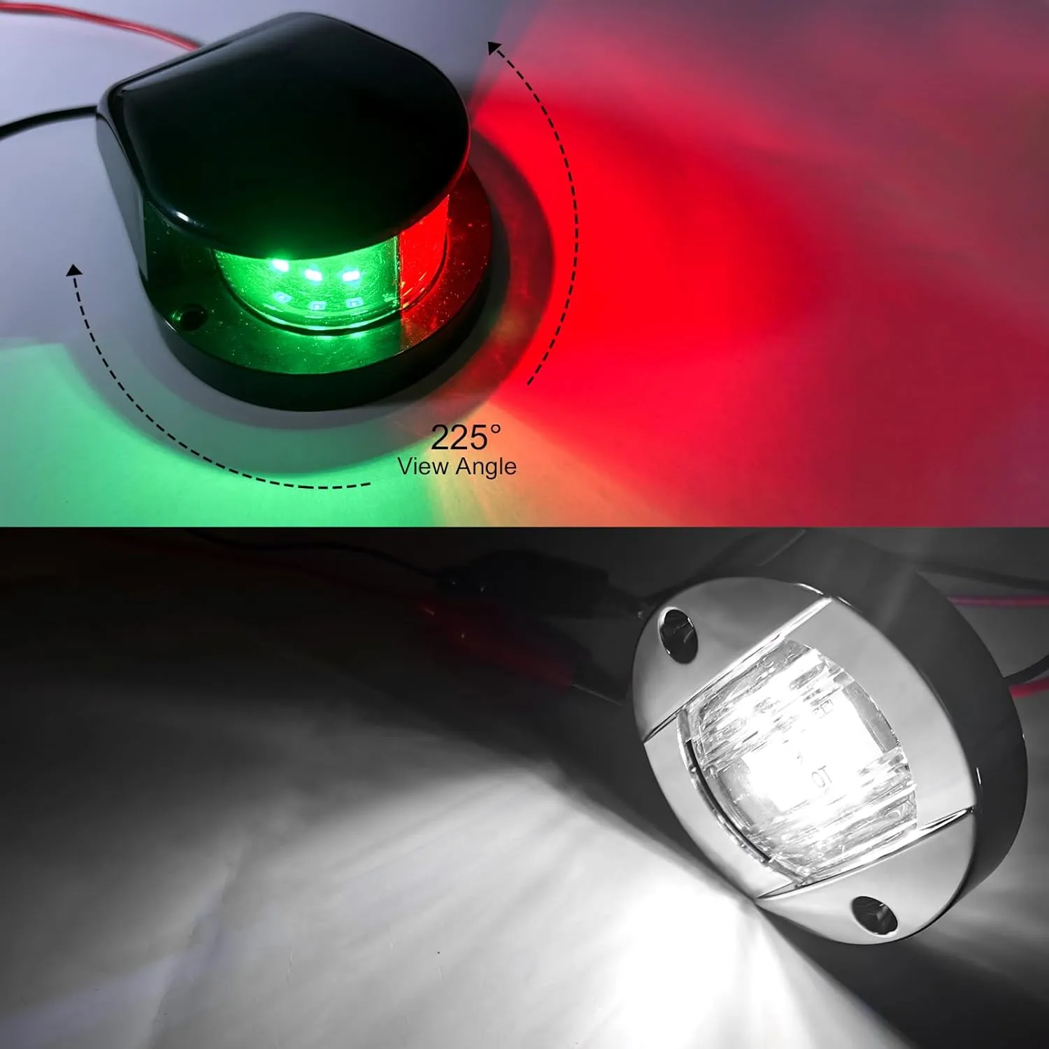 PSEQT Boat Navigation Lights Bow Stern LED Waterproof Red and Green(1Pcs), Marine Interior Deck Transom Round LED Lights White 12V (2Pcs) for Marine Pontoon Fishing Small Bass Boat Yacht Kayak