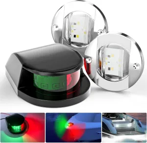PSEQT Boat Navigation Lights Bow Stern LED Waterproof Red and Green(1Pcs), Marine Interior Deck Transom Round LED Lights White 12V (2Pcs) for Marine Pontoon Fishing Small Bass Boat Yacht Kayak