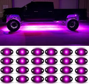 Purple Pink Rock Light 24pods 6000k Pure Purple Led Rocks Lights kit Ip68 Waterproof 47inch Extension Wires for ATV Rv Utv SUV Offroad Pickup Trucks Golf Boat Cars Fender Underglow Lighting