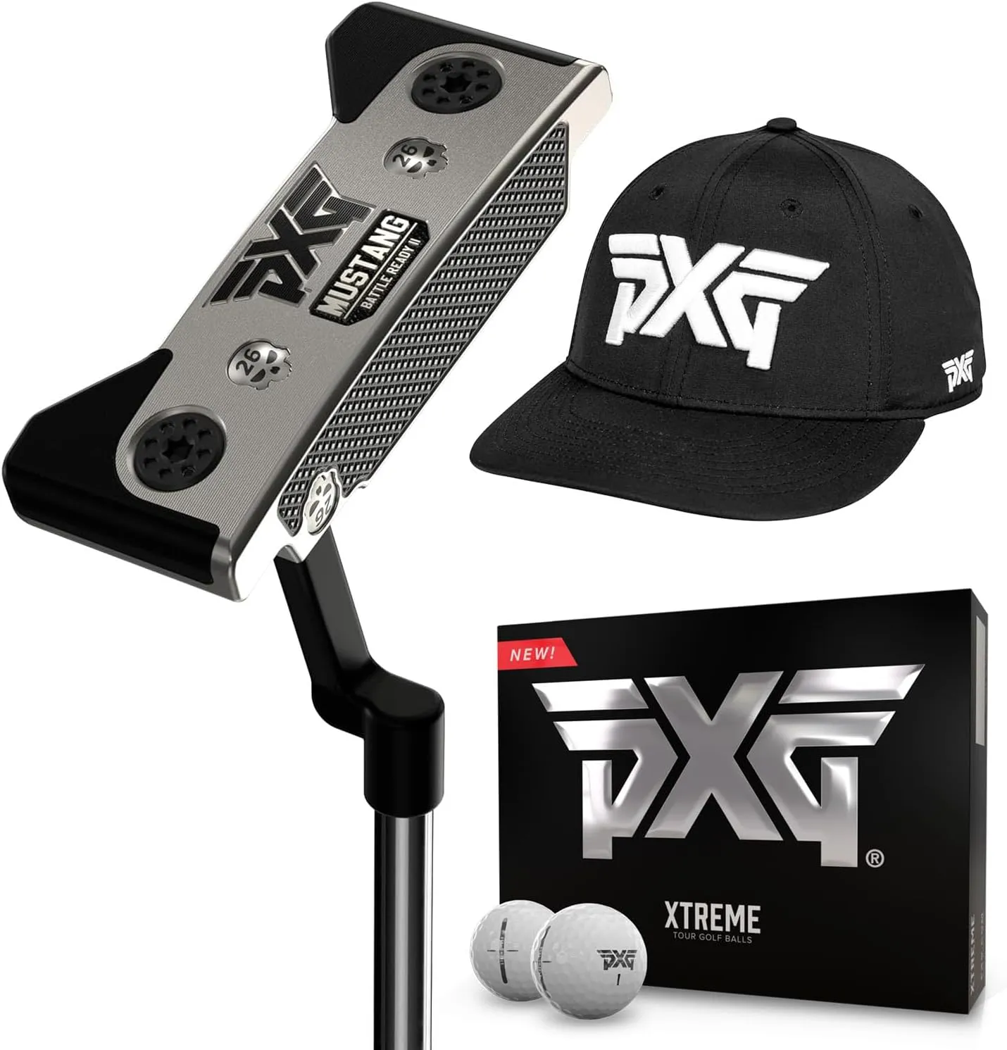 PXG Battle Ready II Mustang Putter, Xtreme Tour Golf Ball 12 Pack, Men's Black Hat