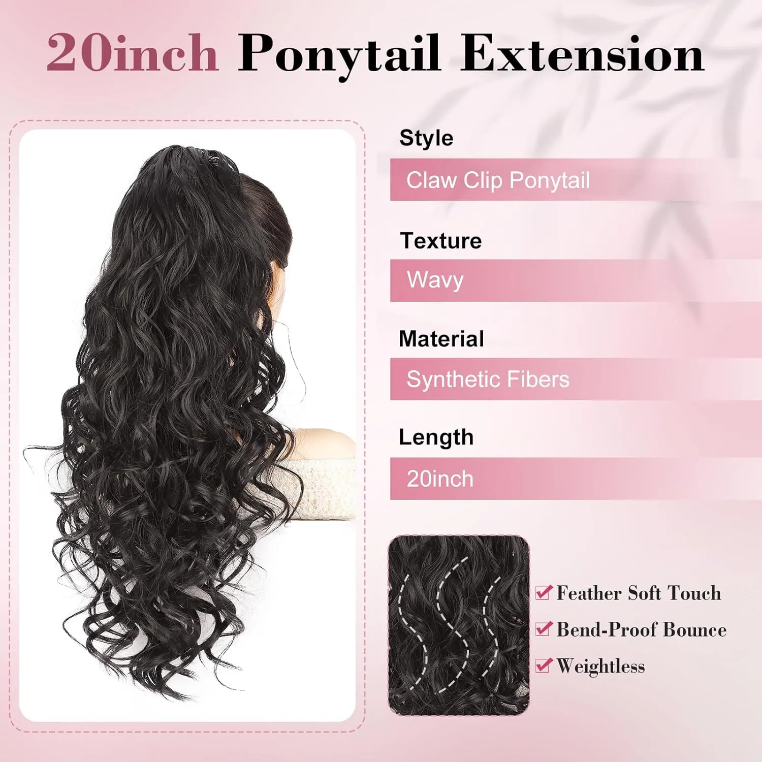 QGZ 20" Wavy Ponytail Extension, Claw Clip Ponytail Hair Extension, Natural Synthetic Hairpiece for Women Daily Use(Black Brown)