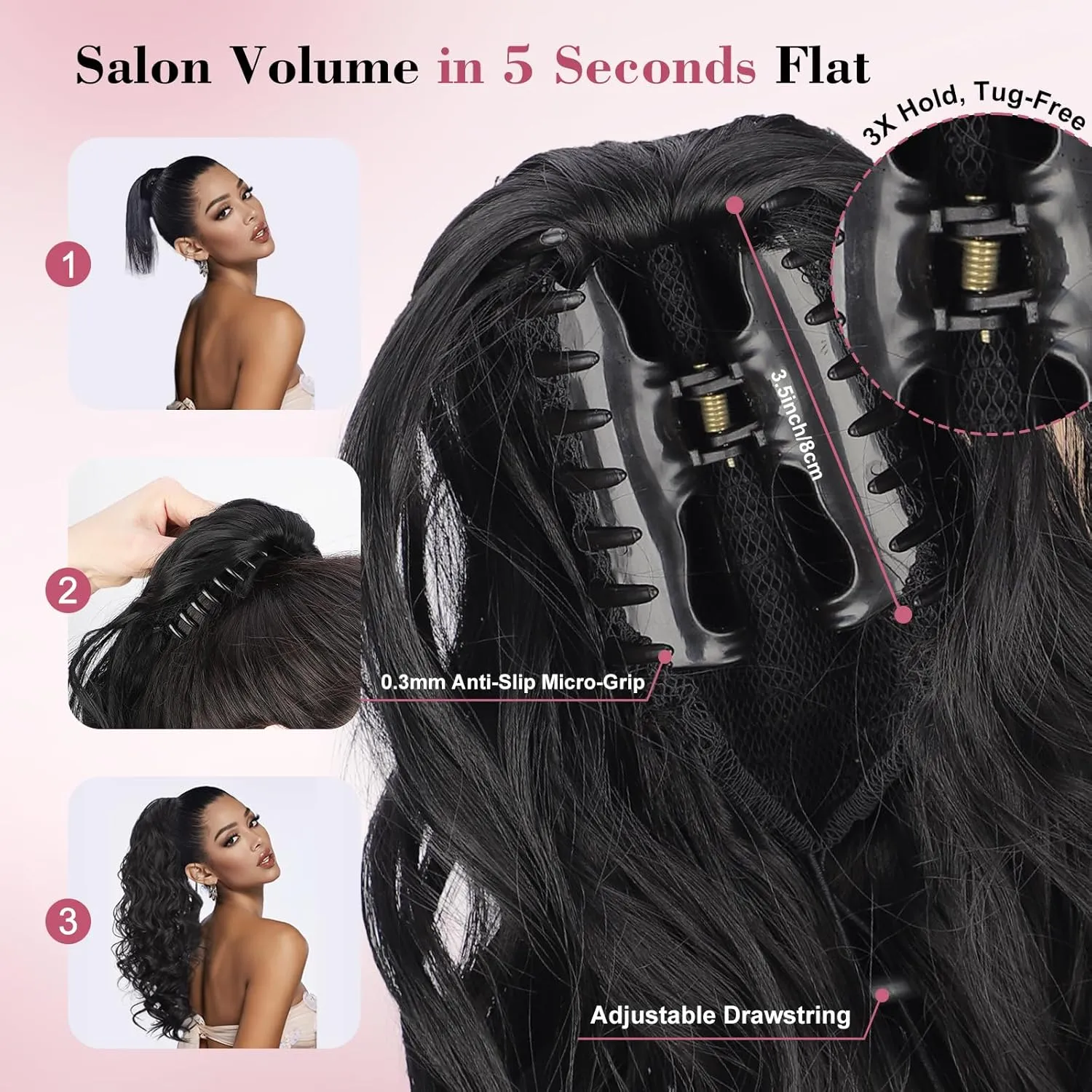 QGZ 20" Wavy Ponytail Extension, Claw Clip Ponytail Hair Extension, Natural Synthetic Hairpiece for Women Daily Use(Black Brown)