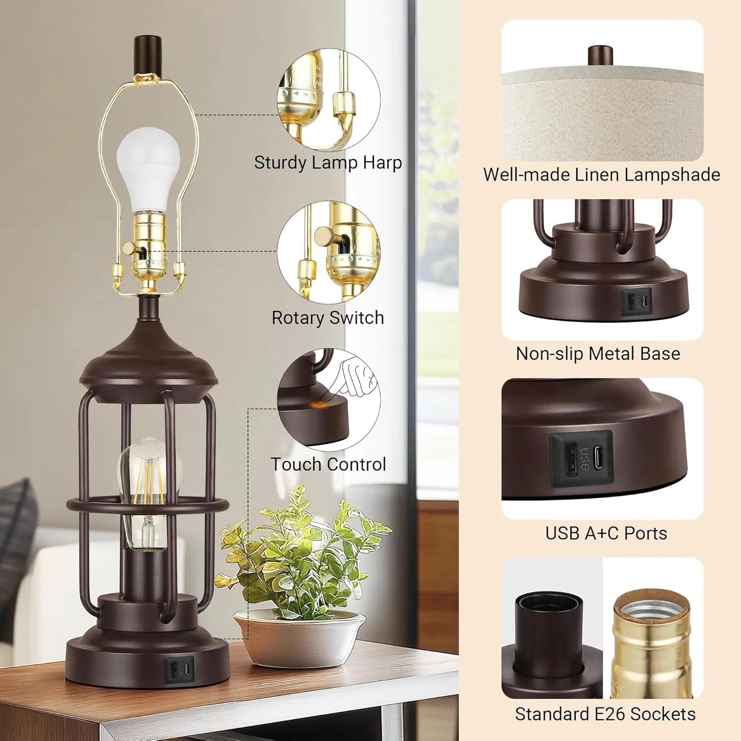 QiMH Table Lamp for Bedroom with USB A C Ports, Farmhouse Bedside Lamp with Night Light, 3-Way Dimmable Touch Control, Rustic Industrial Nightstand Lamp for Living Room,1 Pack (2700K Bulbs Included)