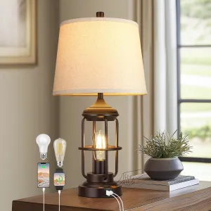 QiMH Table Lamp for Bedroom with USB A C Ports, Farmhouse Bedside Lamp with Night Light, 3-Way Dimmable Touch Control, Rustic Industrial Nightstand Lamp for Living Room,1 Pack (2700K Bulbs Included)
