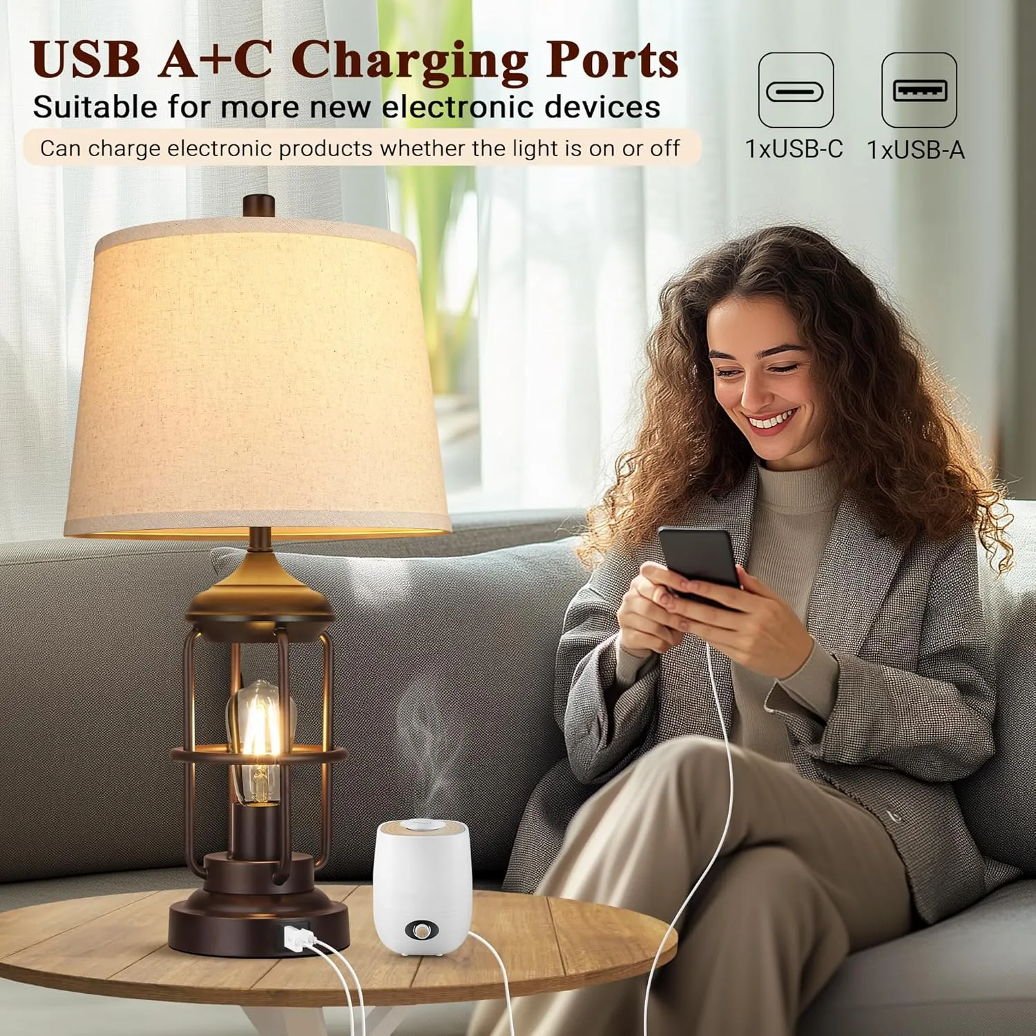 QiMH Table Lamp for Bedroom with USB A C Ports, Farmhouse Bedside Lamp with Night Light, 3-Way Dimmable Touch Control, Rustic Industrial Nightstand Lamp for Living Room,1 Pack (2700K Bulbs Included)