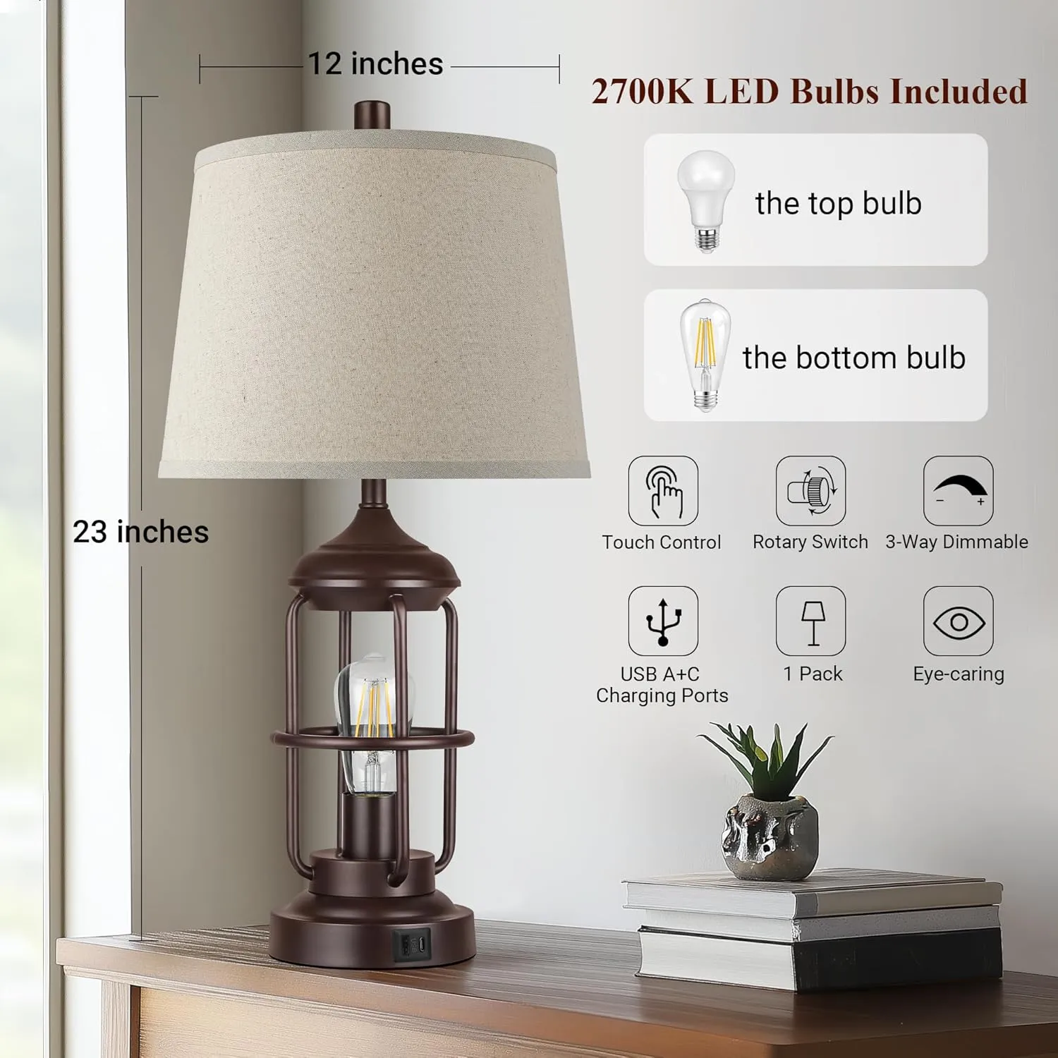 QiMH Table Lamp for Bedroom with USB A C Ports, Farmhouse Bedside Lamp with Night Light, 3-Way Dimmable Touch Control, Rustic Industrial Nightstand Lamp for Living Room,1 Pack (2700K Bulbs Included)