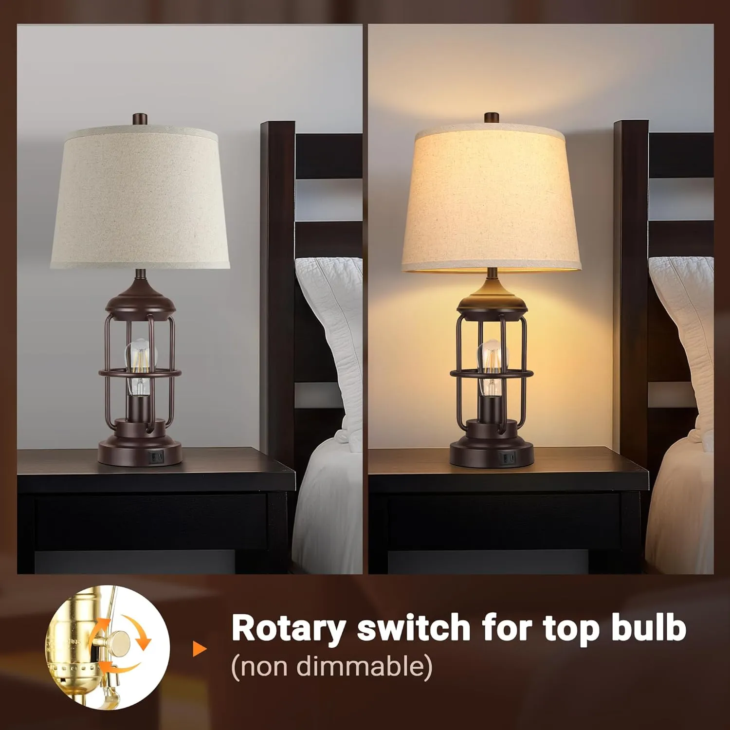 QiMH Table Lamp for Bedroom with USB A C Ports, Farmhouse Bedside Lamp with Night Light, 3-Way Dimmable Touch Control, Rustic Industrial Nightstand Lamp for Living Room,1 Pack (2700K Bulbs Included)