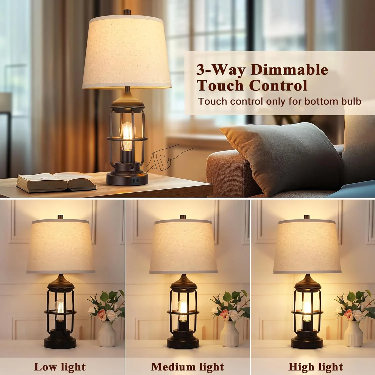QiMH Table Lamp for Bedroom with USB A C Ports, Farmhouse Bedside Lamp with Night Light, 3-Way Dimmable Touch Control, Rustic Industrial Nightstand Lamp for Living Room,1 Pack (2700K Bulbs Included)