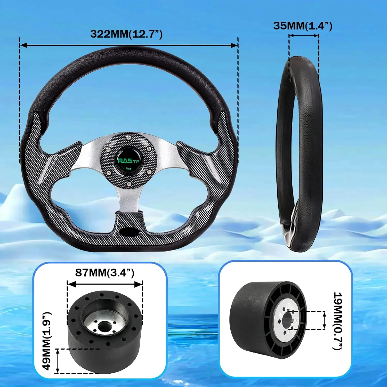 RASTP 12.6 Inch Boat Steering Wheel with 3/4“ Axle Marine Steering Wheel Adapter for Most Marine boats,Vessels,Yachts,Pontoons Boat(Pane)