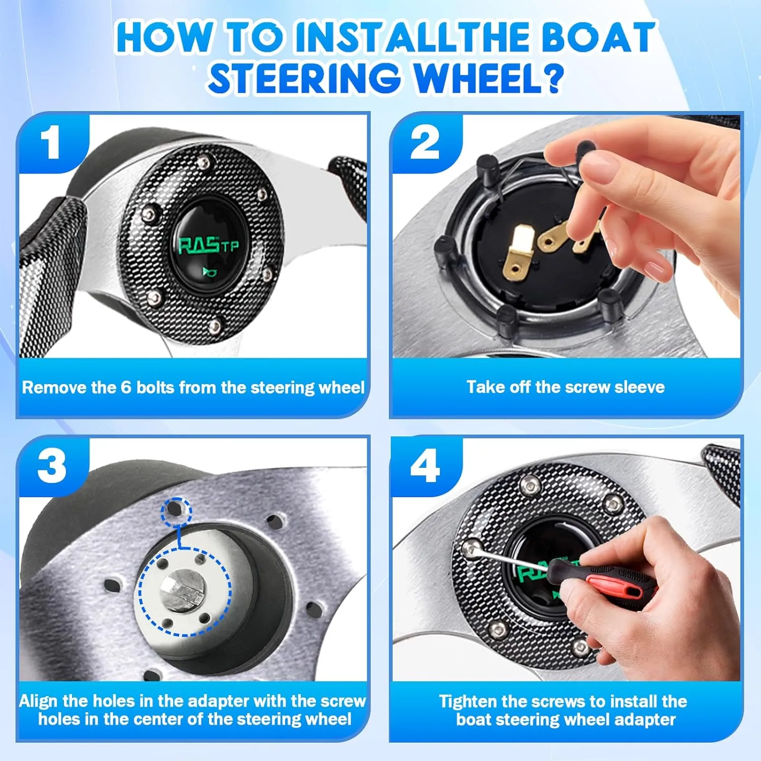 RASTP 12.6 Inch Boat Steering Wheel with 3/4“ Axle Marine Steering Wheel Adapter for Most Marine boats,Vessels,Yachts,Pontoons Boat(Pane)