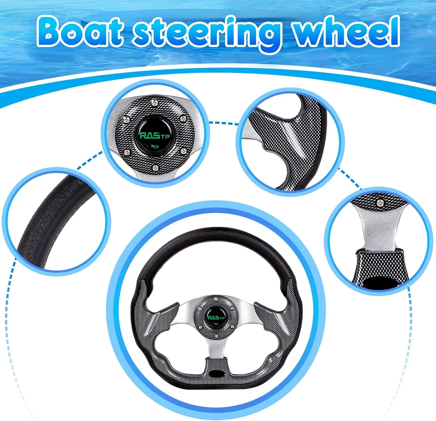 RASTP 12.6 Inch Boat Steering Wheel with 3/4“ Axle Marine Steering Wheel Adapter for Most Marine boats,Vessels,Yachts,Pontoons Boat(Pane)