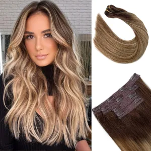 Real Hair Extensions Clip in Blonde Highlights Hair Extensions Thick 100grams 4pcs 22in Long Straight Ombre Brown to Ash Brown and Bleach Blonde Balayage Human Hair Extensions Clips in for Thin Hair