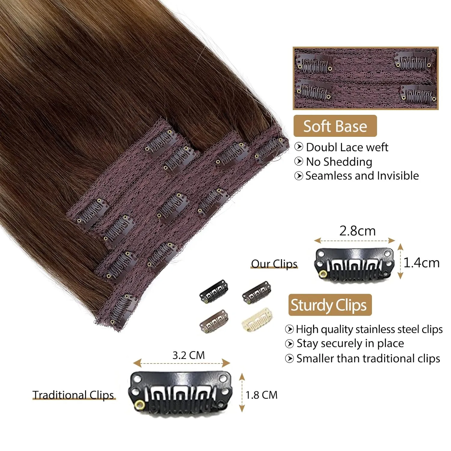 Real Hair Extensions Clip in Blonde Highlights Hair Extensions Thick 100grams 4pcs 22in Long Straight Ombre Brown to Ash Brown and Bleach Blonde Balayage Human Hair Extensions Clips in for Thin Hair