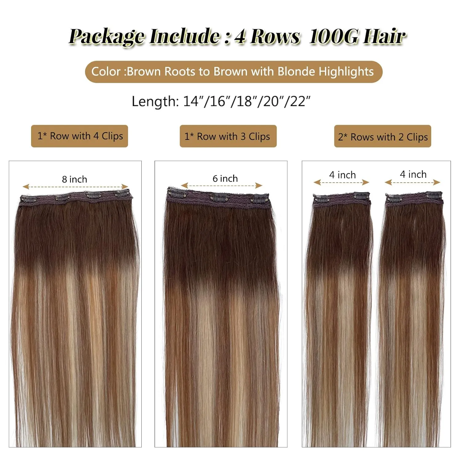 Real Hair Extensions Clip in Blonde Highlights Hair Extensions Thick 100grams 4pcs 22in Long Straight Ombre Brown to Ash Brown and Bleach Blonde Balayage Human Hair Extensions Clips in for Thin Hair