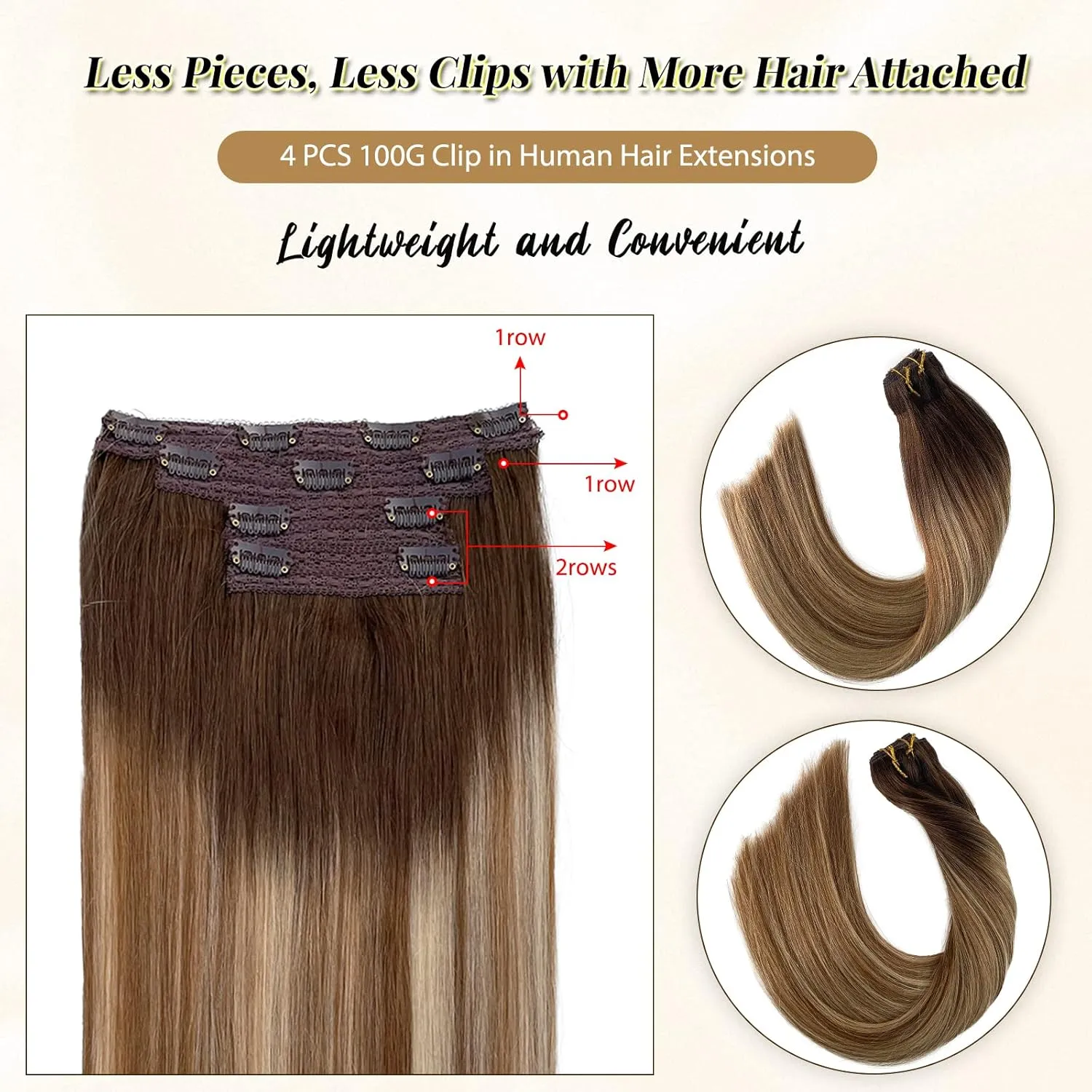Real Hair Extensions Clip in Blonde Highlights Hair Extensions Thick 100grams 4pcs 22in Long Straight Ombre Brown to Ash Brown and Bleach Blonde Balayage Human Hair Extensions Clips in for Thin Hair