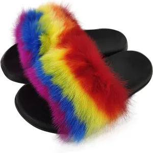 Real Raccoon Fur Slides Slippers for women Girls Summer Open Toe Fluffy Slides Soft Sole