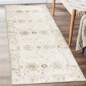 ReaLife Rugs Machine Washable Area Rug Runner - Living Room Bedroom Bathroom Kitchen Entryway Office - Padded Low Pile Stain Resistant Premium - Boho Farmhouse Vintage - BEV - Beige 2'6" x 8'