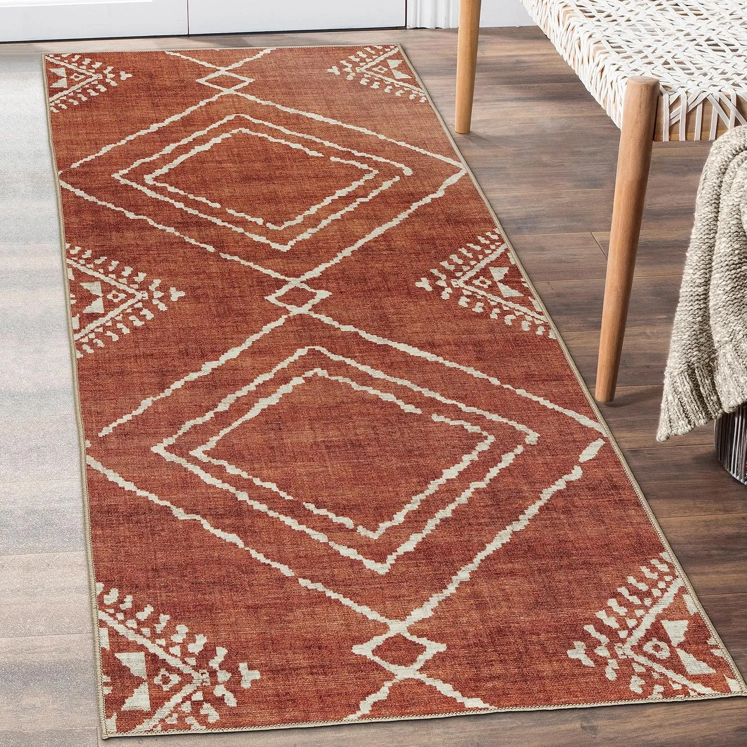 ReaLife Rugs Machine Washable Area Rug Runner - Living Room Bedroom Bathroom Kitchen Entryway Office - Padded Low Pile Stain Resistant Premium - Moroccan Diamond Tribal - Jax - Orange 2'6" x 10'