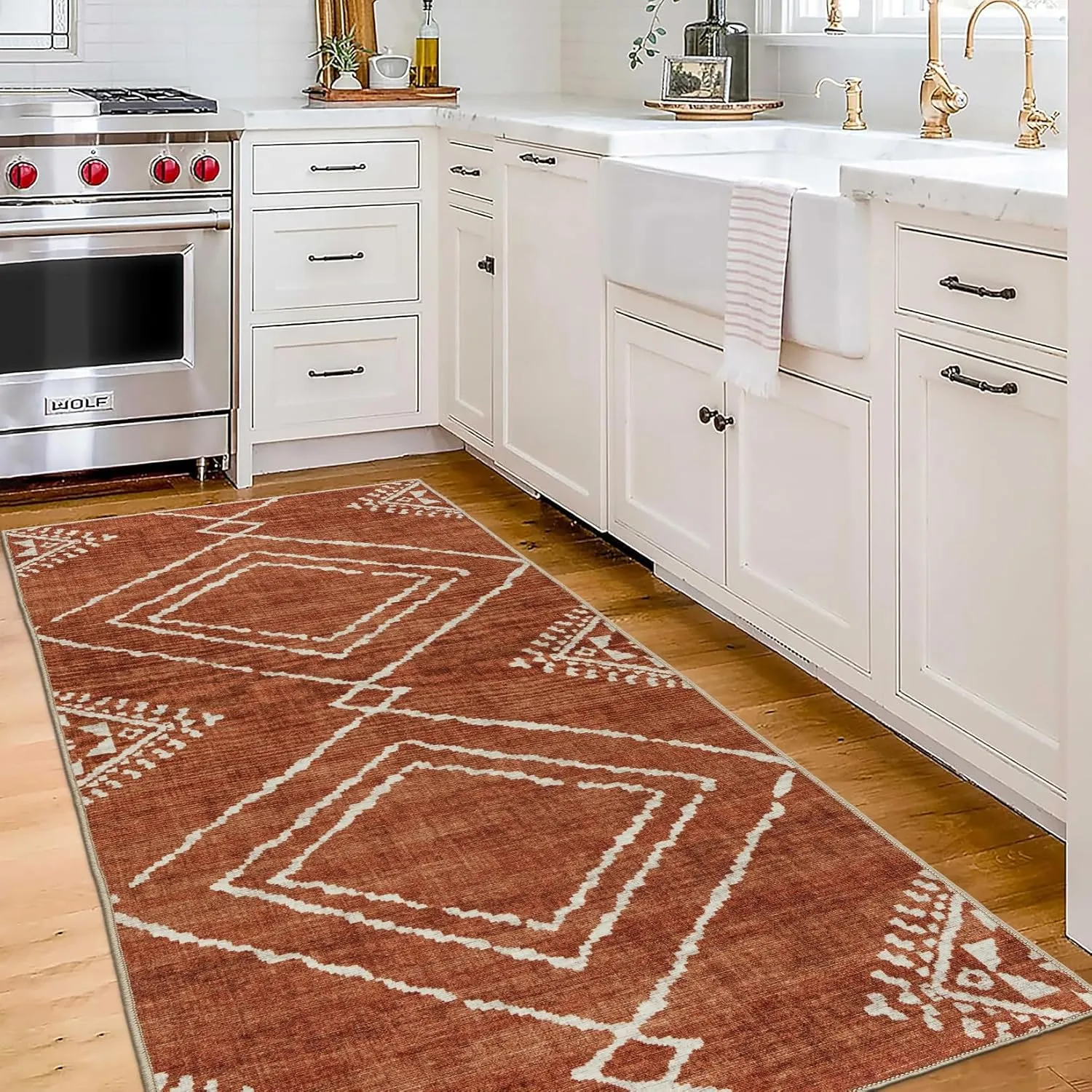 ReaLife Rugs Machine Washable Area Rug Runner - Living Room Bedroom Bathroom Kitchen Entryway Office - Padded Low Pile Stain Resistant Premium - Moroccan Diamond Tribal - Jax - Orange 2'6" x 10'