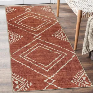 ReaLife Rugs Machine Washable Area Rug Runner - Living Room Bedroom Bathroom Kitchen Entryway Office - Padded Low Pile Stain Resistant Premium - Moroccan Diamond Tribal - Jax - Orange 2'6" x 10'