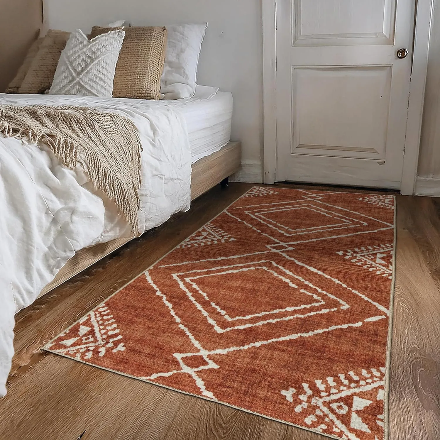 ReaLife Rugs Machine Washable Area Rug Runner - Living Room Bedroom Bathroom Kitchen Entryway Office - Padded Low Pile Stain Resistant Premium - Moroccan Diamond Tribal - Jax - Orange 2'6" x 10'