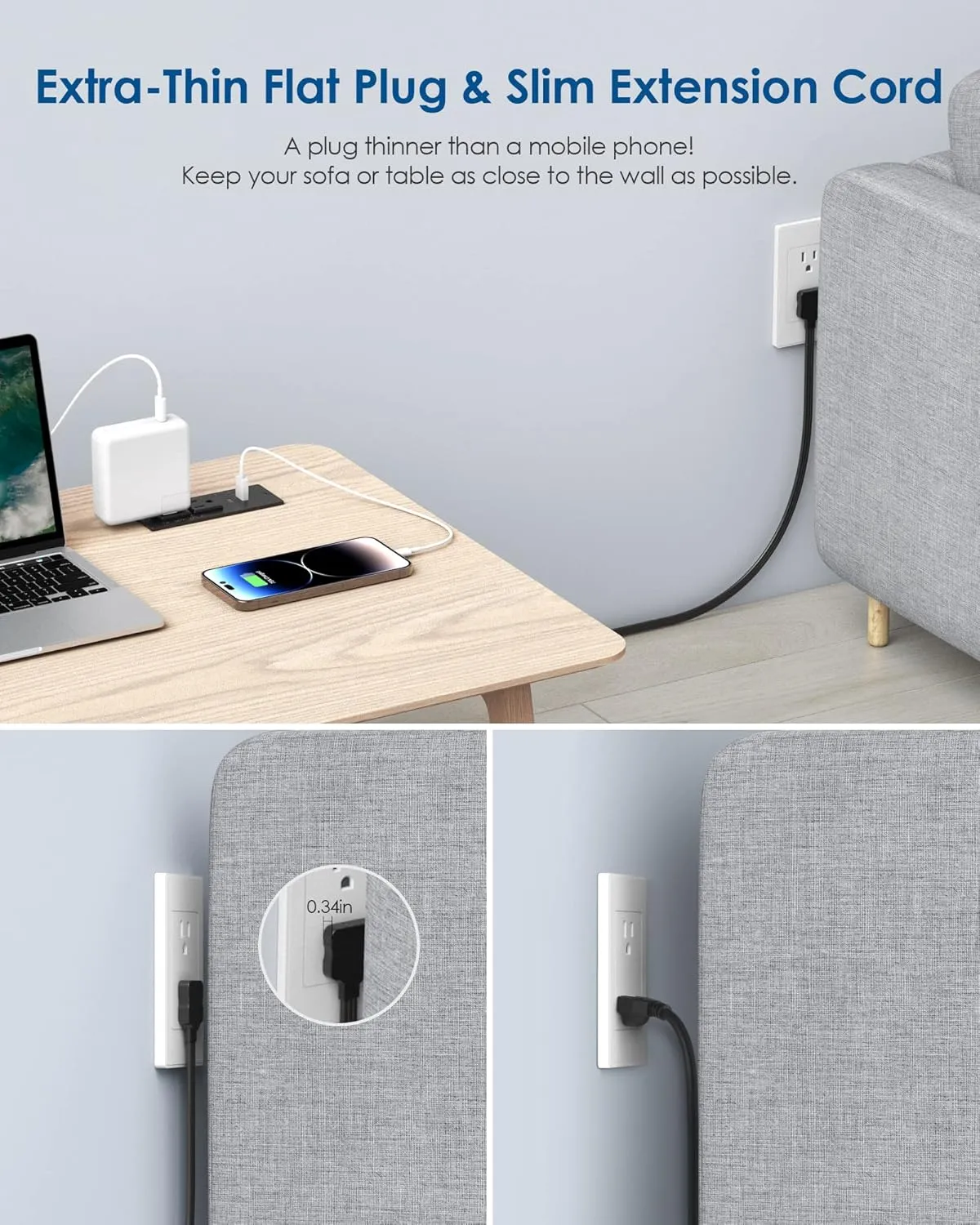 Recessed Power Strip USB C PD 30W Fast Charging,Flush Mount Desk Recessed Outlet,Space-Saver for Furniture Side Table,2 USB Ports,2 AC Outlets,6ft Cord,Ultra Thin Flat Plug