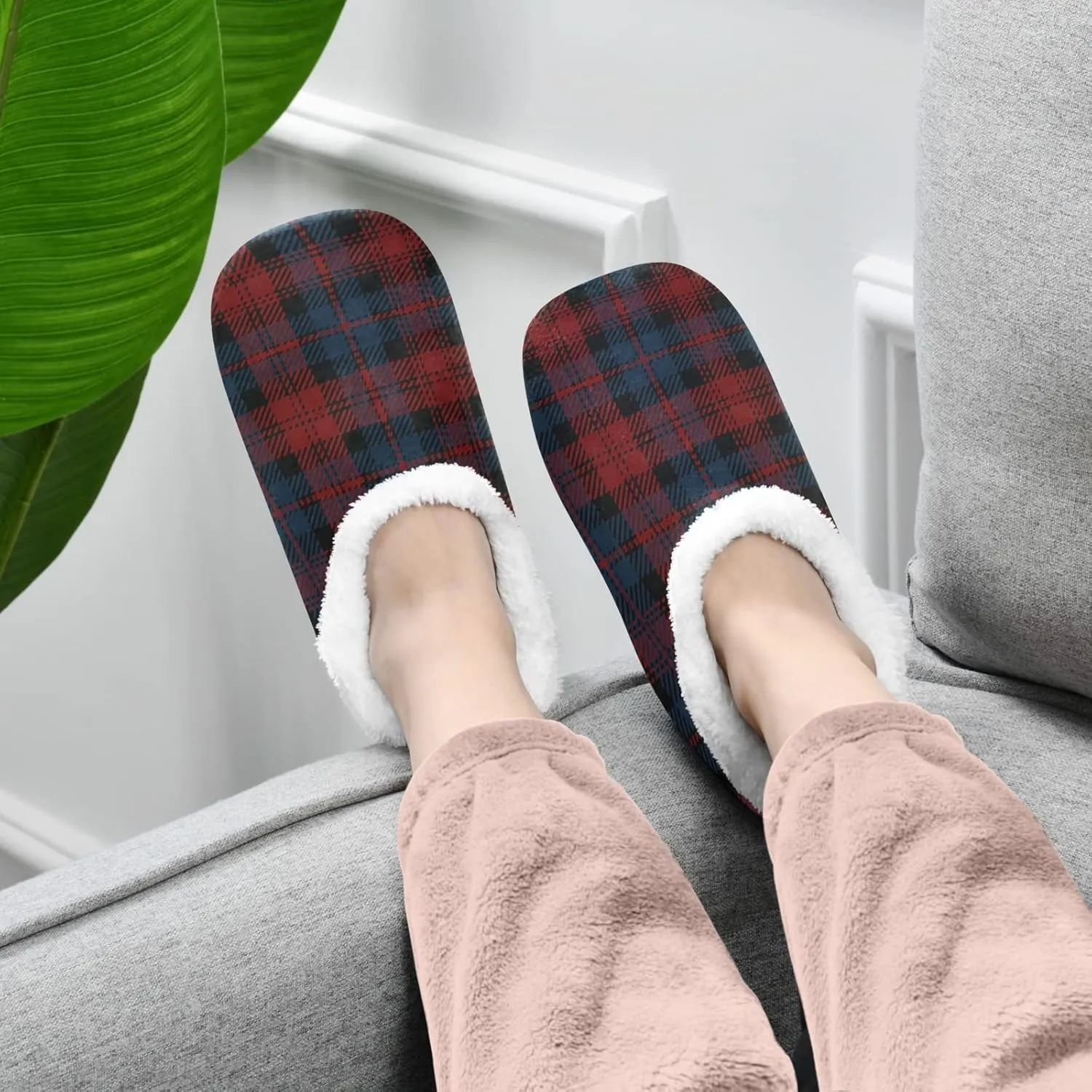 Red Blue Tartan Plaid Home Slippers Christmas Spa Travel House Slipper Soft Memory Foam Slipper Non Slip for Women Men Hotel Bedroom Shoes Slippers M