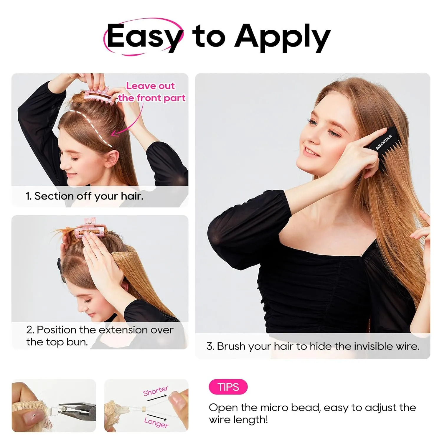 REECHO 12" Invisible Wire Hair Extensions with Thinner Softer Lace Weft Adjustable Size Removable Secure Clips in Short Straight Secret Hairpiece for Women (Ash Brown)