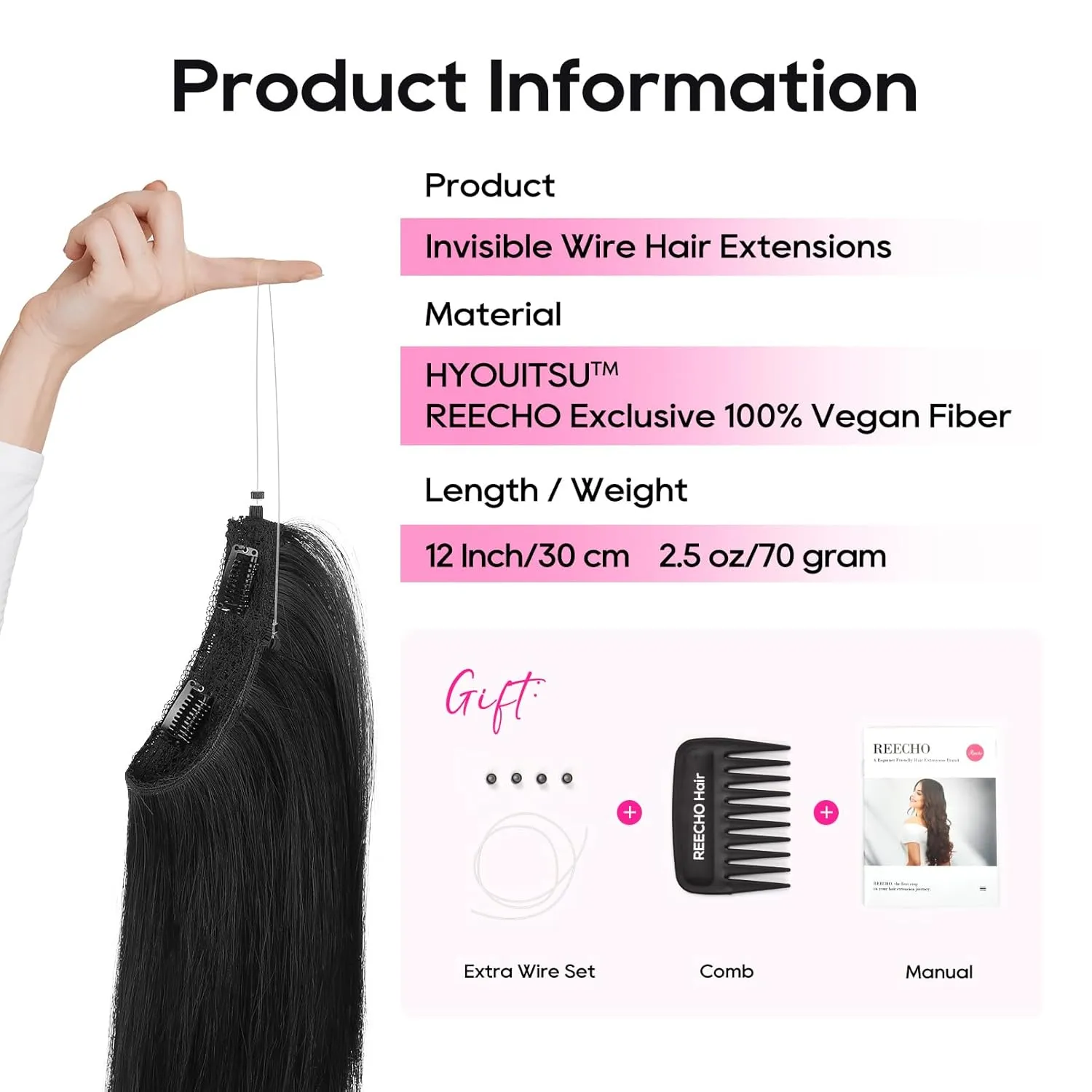 REECHO 12" Invisible Wire Hair Extensions with Thinner Softer Lace Weft Adjustable Size Removable Secure Clips in Short Straight Secret Hairpiece for Women - Black