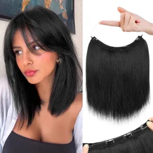 REECHO 12" Invisible Wire Hair Extensions with Thinner Softer Lace Weft Adjustable Size Removable Secure Clips in Short Straight Secret Hairpiece for Women - Black