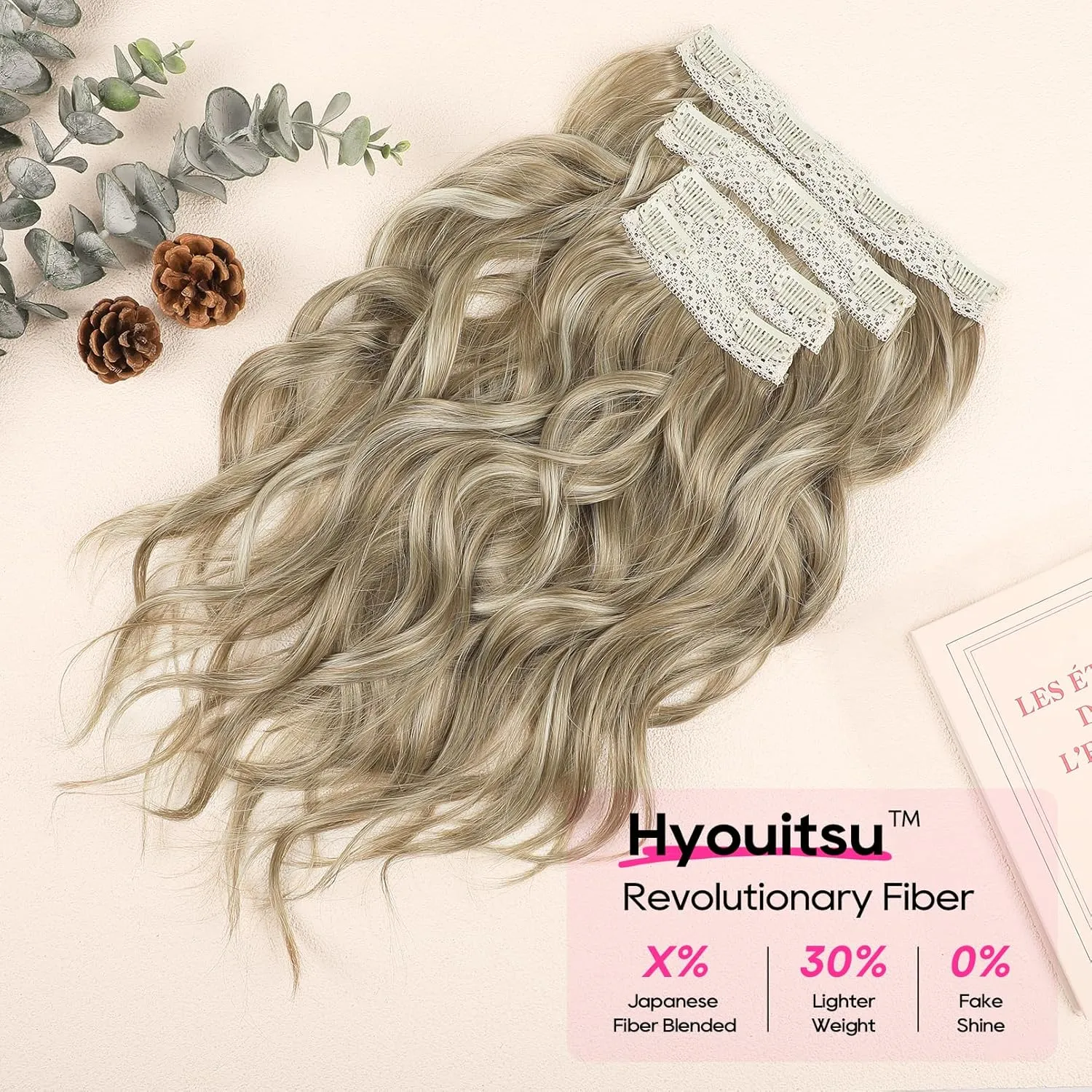 REECHO 14" Short Beach Wavy Hair Extensions - 4PCS Clip in Invisible Lace Weft Natural Soft Hairpieces for Women - Dark Ash Brown With Highlights
