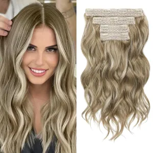 REECHO 14" Short Beach Wavy Hair Extensions - 4PCS Clip in Invisible Lace Weft Natural Soft Hairpieces for Women - Dark Ash Brown With Highlights