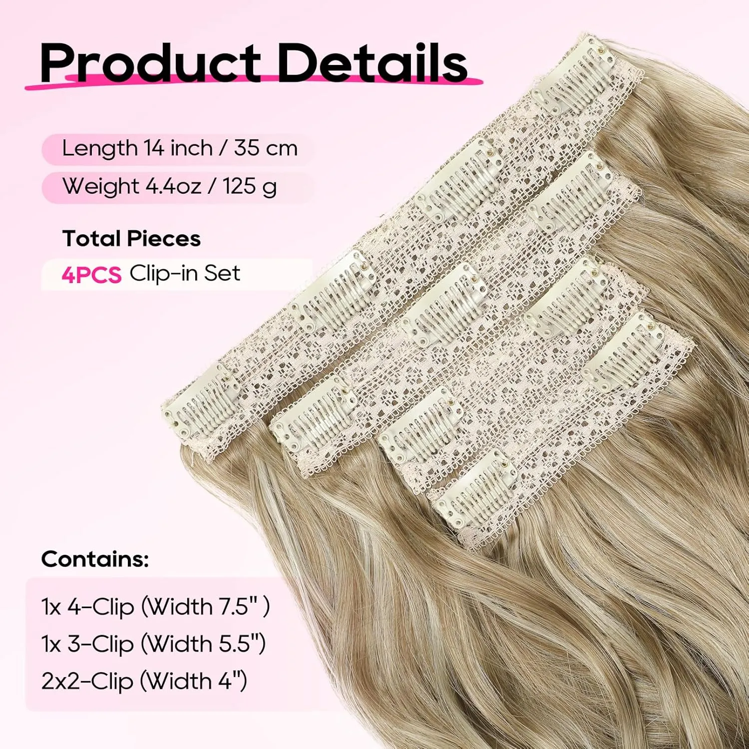 REECHO 14" Short Beach Wavy Hair Extensions - 4PCS Clip in Invisible Lace Weft Natural Soft Hairpieces for Women - Dark Ash Brown With Highlights