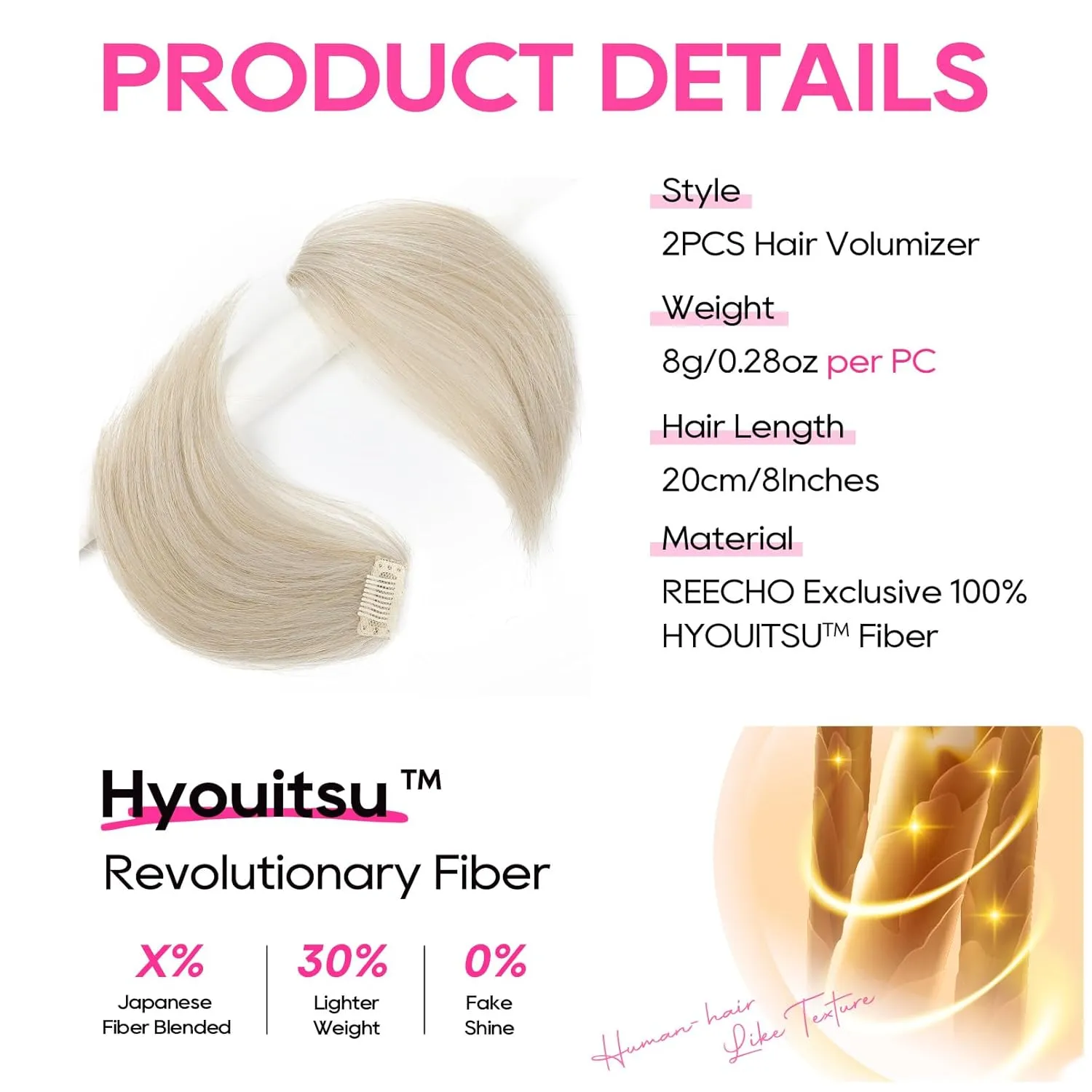 REECHO Clip in Hair Volumizer, 2PCS 8 inch Short Thick Clip in Hairpieces Adding Extra Volume Hair Extensions for Women with Thin Fine (Ash Blonde, 8 Inch(Pack of 2))