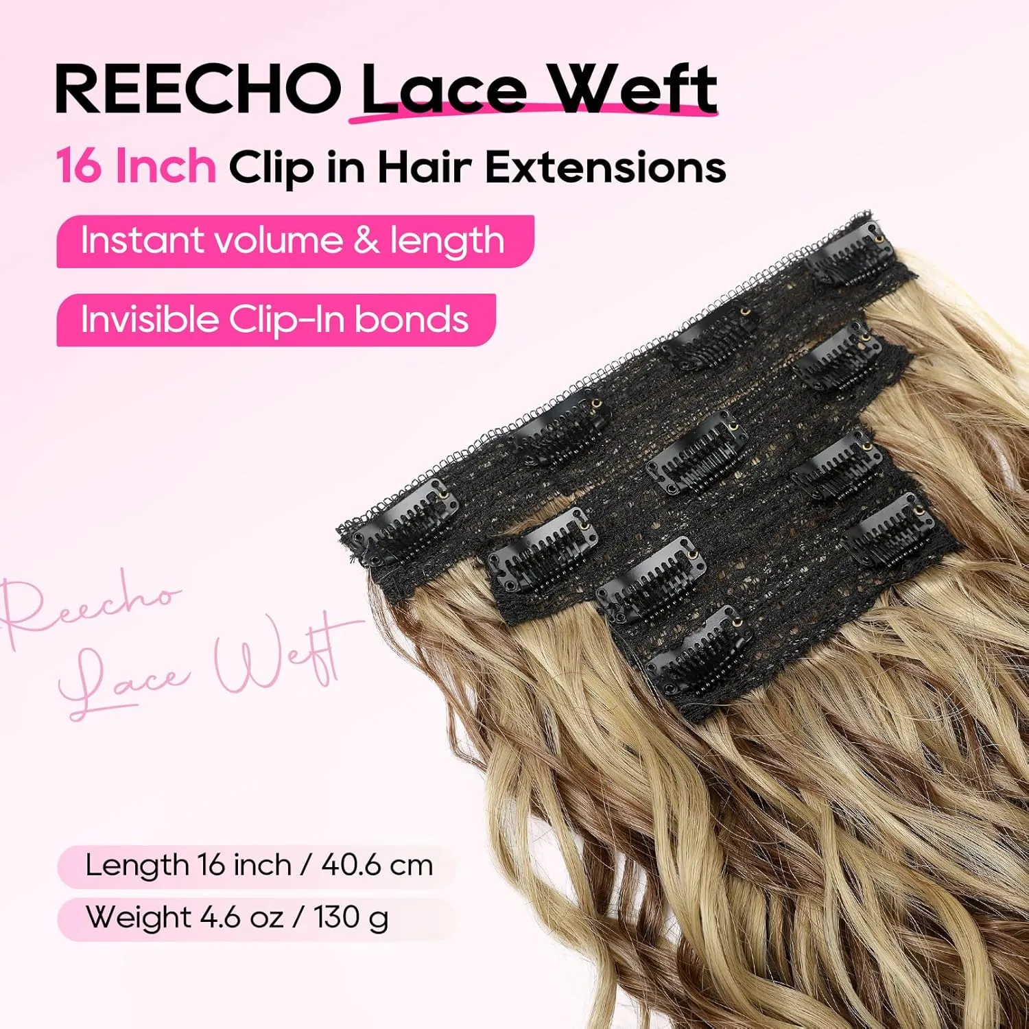 REECHO Curly Hair Extensions, 4PCS 16 inch Clip in Hair Extensions Lace Weft Short Curly Extension Clip Ins Invisible Natural Hairpieces for Women, Brown with Deep Blonde Highlights