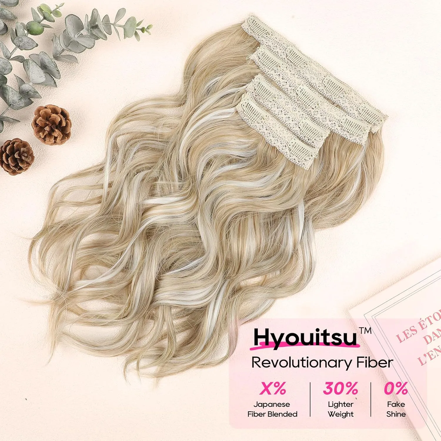 REECHO Hair Extensions - 4PCS 14" Short Beach Wavy Clip-in Hairpieces With Invisible Lace Weft - Natural Soft for Women - Ash Blonde With Highlights