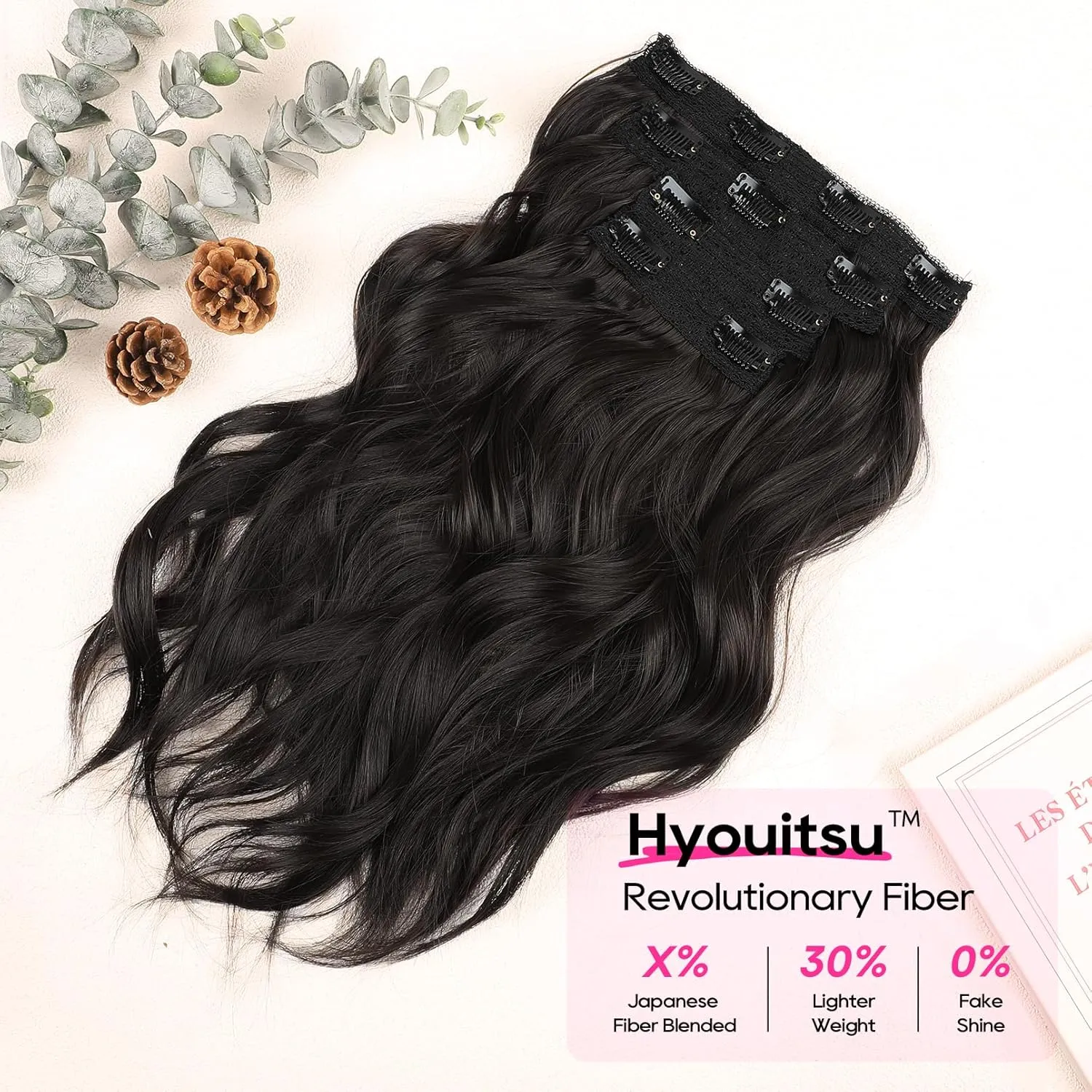 REECHO Hair Extensions, 4PCS Clip in Hair Extensions 14" Short Beach Wavy Hair Extensions Invisible Lace Weft Natural Soft Hairpieces for Women (Black Brown)