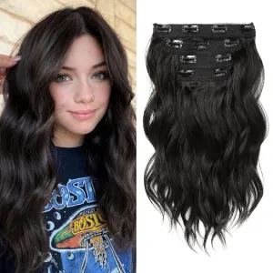 REECHO Hair Extensions, 4PCS Clip in Hair Extensions 14" Short Beach Wavy Hair Extensions Invisible Lace Weft Natural Soft Hairpieces for Women (Black Brown)